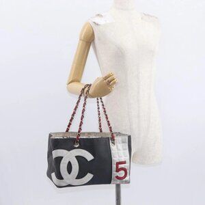 CHANEL Choco Bar Chain Shoulder Bag No5 Canvas Navy Silver CC Auth 158153